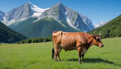 Fototapeta na wymiar Graceful bovine amidst stunning natural backdrop grazing on lush foliage and admiring vibrant flora in picturesque scenery.