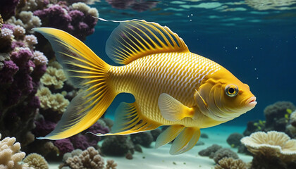 Exploring the elegant marine world as a golden fish gracefully glides through an aquarium, gracefully moving through the colorful reef without any effort.