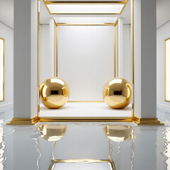 Abstract Geometric Showcase with White Hemispheres, Gold Ball, Golden Frames, and Liquid Floor