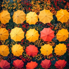 Fototapeta na wymiar Vibrant canopy of umbrellas in autumn hues creating a mesmerizing overhead pattern, ideal for decorative and design themes