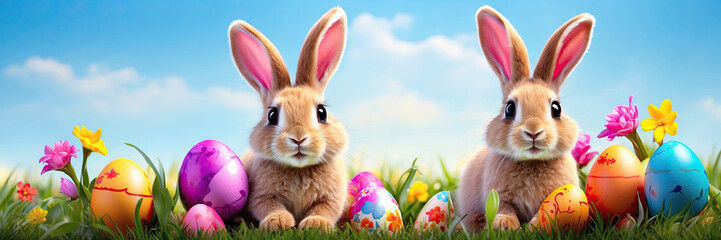 A cute real Easter bunny with colored eggs and spring flowers, a traditional holiday card. 