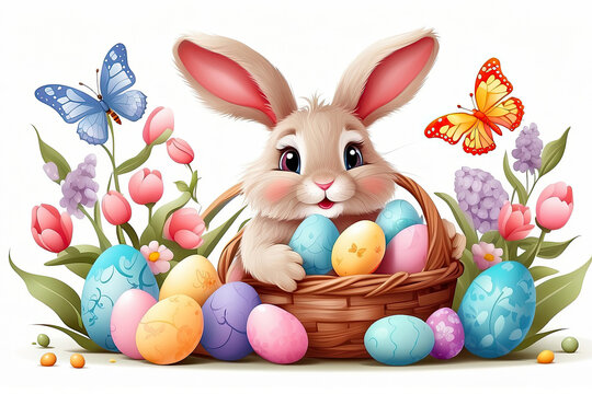A cute Easter bunny with colored eggs and spring flowers on a white background, a traditional holiday card. 