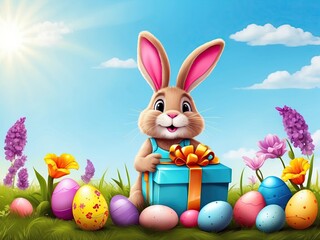 A cute Easter bunny with colored eggs and spring flowers, a traditional holiday card. AI generated