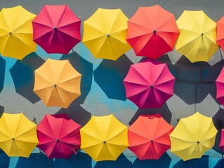 Colorful Array of Umbrellas on Urban Wall, Symbolizing Diversity and Joy, Perfect for Creative and Urban Design Concepts