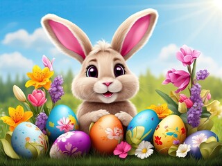 Fototapeta na wymiar A cute Easter bunny with colored eggs and spring flowers, a traditional holiday card. AI generated