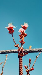 Spring Blossom Against Urban Backdrop with Steel Rebar. Ideal for themes of nature in the city and renewal