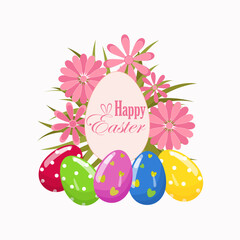 Easter egg design with pink flowers. Easter holiday text egg hunt card in colorful flat style. Stock vector illustration clipart isolated on white background