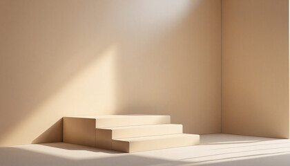 3D rendered minimalistic beige background with empty podium and natural light, perfect for presenting premium products.