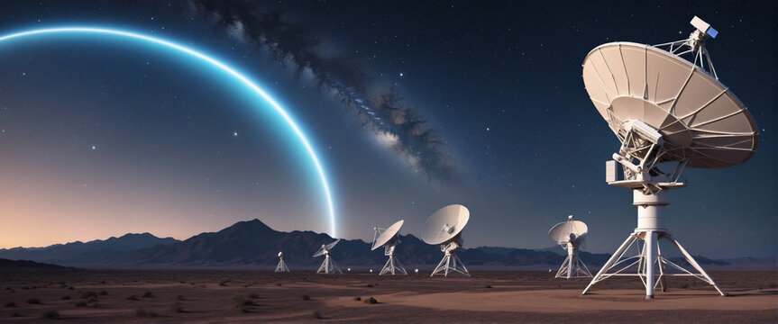 Futuristic Communication and Space Research - featuring holographic HUD and radio telescopes at night