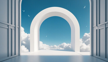 3d render, abstract blue minimalist background. White clouds flying out from the arch portal. Business metaphor. Minimalist wallpaper