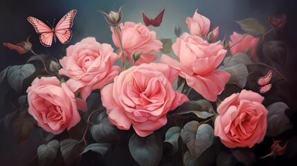 A painting of pink roses and two butterflies