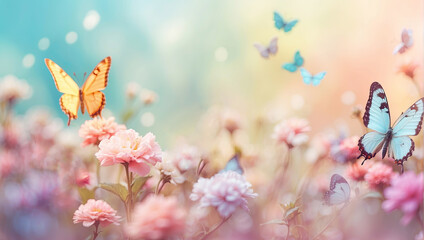 Pastel color butterflies on delicate spring flowers in a field with a space for text. Spring time