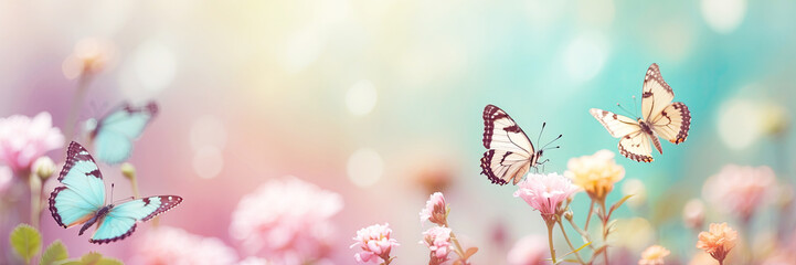 Fototapeta premium Pastel color butterflies on delicate spring flowers in a field with a space for text. Spring time