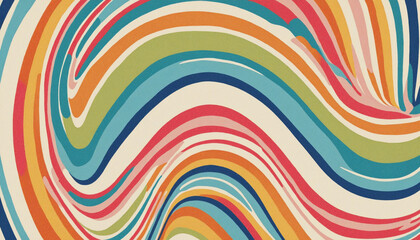 Colorful vintage wave pattern with pastel stripes. Psychedelic retro cartoon background. Trendy hippie stripe design.