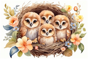 Cute watercolor owl family with chicks in a spring blooming nest of twigs and flowers on a white background. Spring card, spring time
