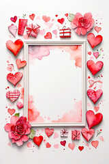 Watercolour frame with Valentine's day gift and hearts on a white background. Love greeting card, date invitation, wedding. Romantic background frame with copy space. 