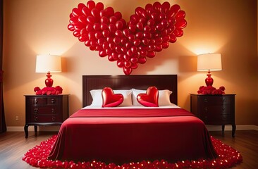 The white bedroom is decorated with red balloons for Valentine's Day. A date at a hotel for lovers