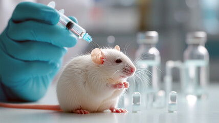 A researcher injects a drug into an experimental mouse. A hand in a blue glove holding a syringe and a white rat sitting on the table. Animal testing of cosmetics and medicines concept
