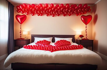 The white bedroom is decorated with red balloons for Valentine's Day. A date at a hotel for lovers