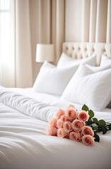 A bouquet of tea roses lies on a white bed in a bright bedroom. A gift for your beloved,...