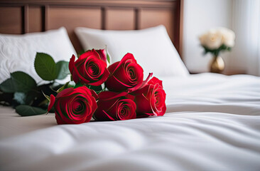 A bouquet of red roses lies on a white bed in a bright bedroom. A gift for your beloved, Valentine's day, birthday, date. Copy space