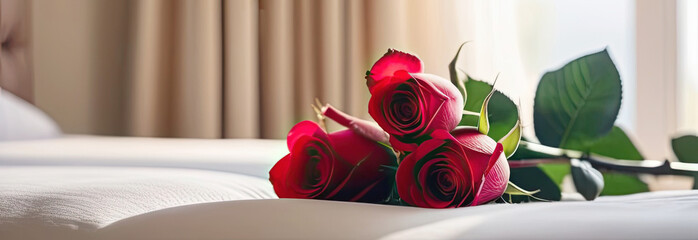 A bouquet of red roses lies on a white bed in a bright bedroom. A gift for your beloved,...