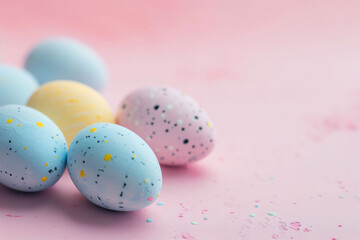 Fototapeta na wymiar A close-up painted speckled Easter eggs on a pink surface, creating a playful and whimsical atmosphere. Perfect for seasonal advertising and family-oriented content.
