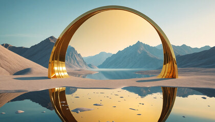 Surreal 3D Panoramic Landscape with Golden Mirror Arches, Hills, and Water Reflections - obrazy, fototapety, plakaty