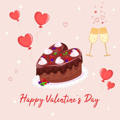 Happy Valentines day element design - cake, coffee, envelope. Valentine flat symbol- heart cake . Holiday of love in cute style. Stock vector illustration