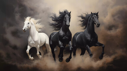 A painting of three horses on a wall