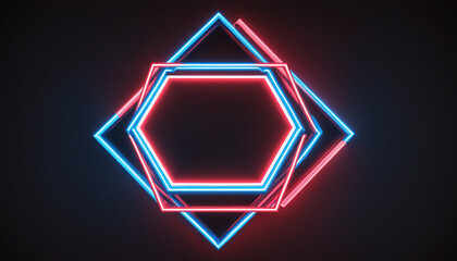 Neon rhombus frame with glowing rays on abstract background. Geometric minimalist wallpaper.