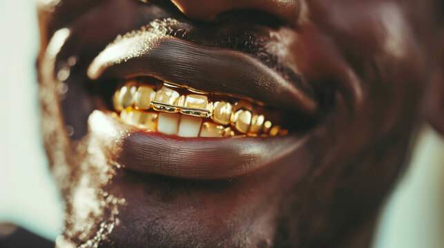 Black man with joyful smile showing gold grillz dental jewelry on blurred background