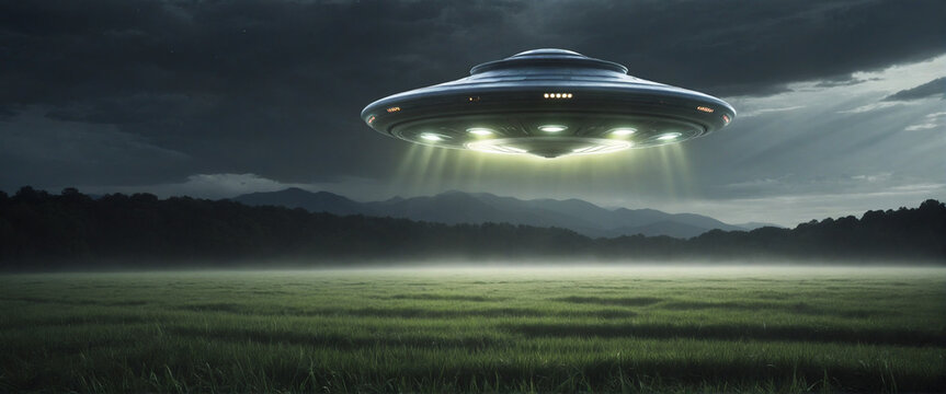 Alien UFO invasion, extraterrestrial being first encounter, abduction in a field, sci fi spaceship banner concept, hd