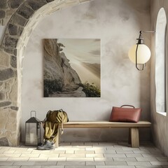 Serene Mountain Pathway Canvas Print in Modern Arched Niche with Stylish Decor