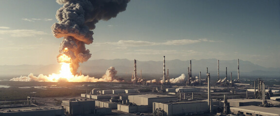 bombing attack or air strike attack on a strategic industrial plant location target as wide banner with copy space area for text - Generative AI