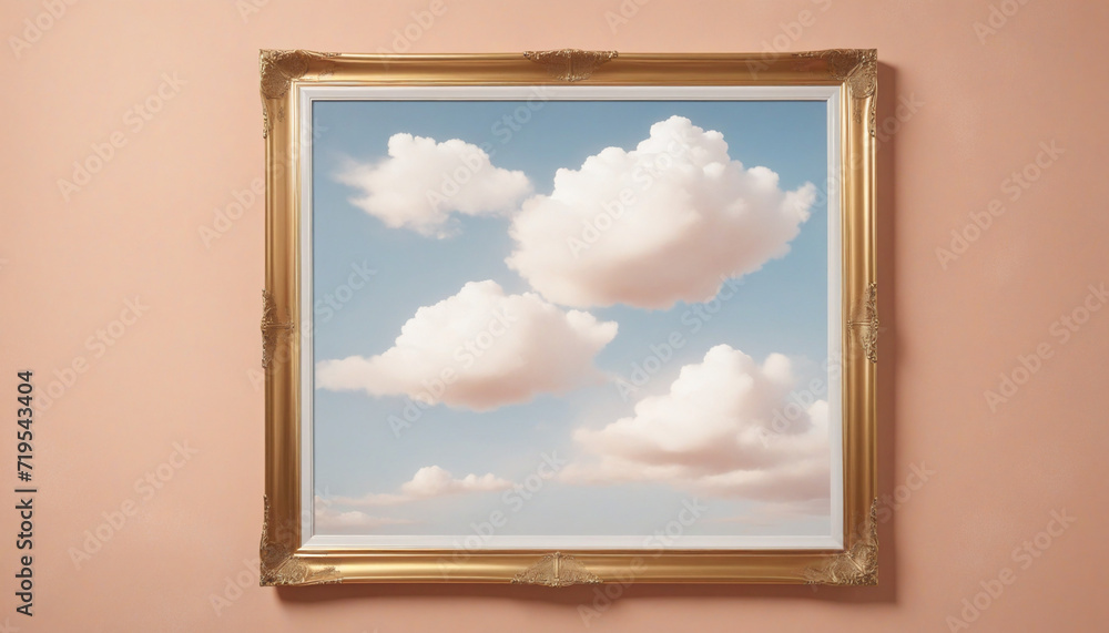 Poster fluffy white cloud hovering in golden frame on soft peach background. minimalist gallery design conc