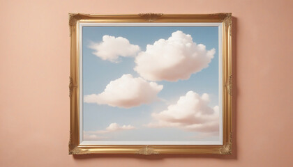 Fluffy white cloud hovering in golden frame on soft peach background. Minimalist gallery design concept.