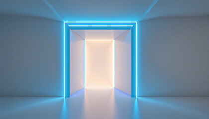 Abstract geometric background with neon lights shining through vertical slot. Glowing portal in dark doorway.