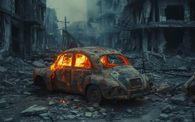 carro pega fogo em uma cidade em ruínas do pós-guerra - obrazy, fototapety, plakaty