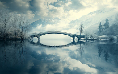 ponte na composição fotográfica conceitual do lago - obrazy, fototapety, plakaty