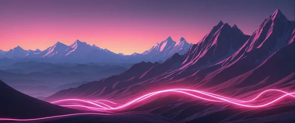 Fotobehang Surreal Rocky Mountain Landscape with Neon Lines. Flowing Energy and Glowing Trajectory Path in Abstract Futuristic Background. © SR07XC3