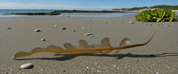 Obraz premium Exposed brown seaweed frond at low tide.