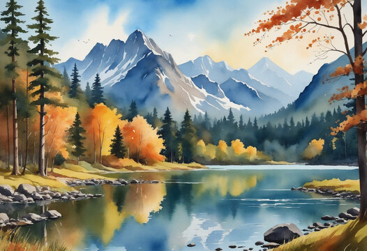 Mountains, forests, and a lake are shown in a watercolor scene. Autumnal landscape. Beautiful woodland picture with a trip feel. 