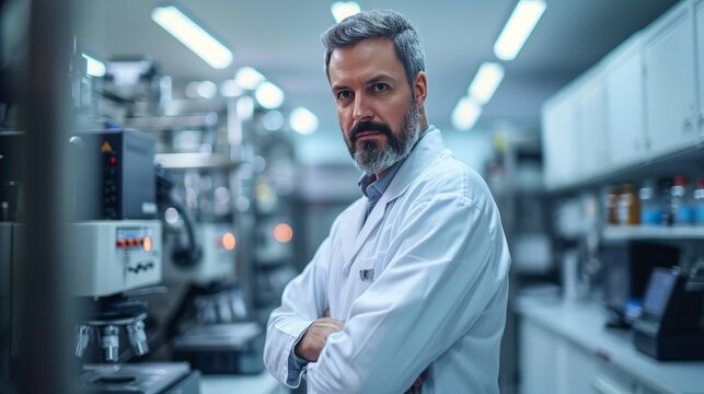 Portrait of male scientist in white medical gown using medical microscope for scientific research in laboratory. Development of vaccine components to treat the epidemic.