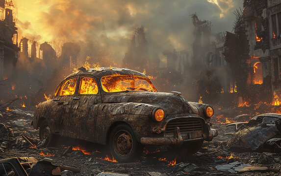 carro pega fogo em uma cidade em ru&iacute;nas do p&oacute;s-guerra
