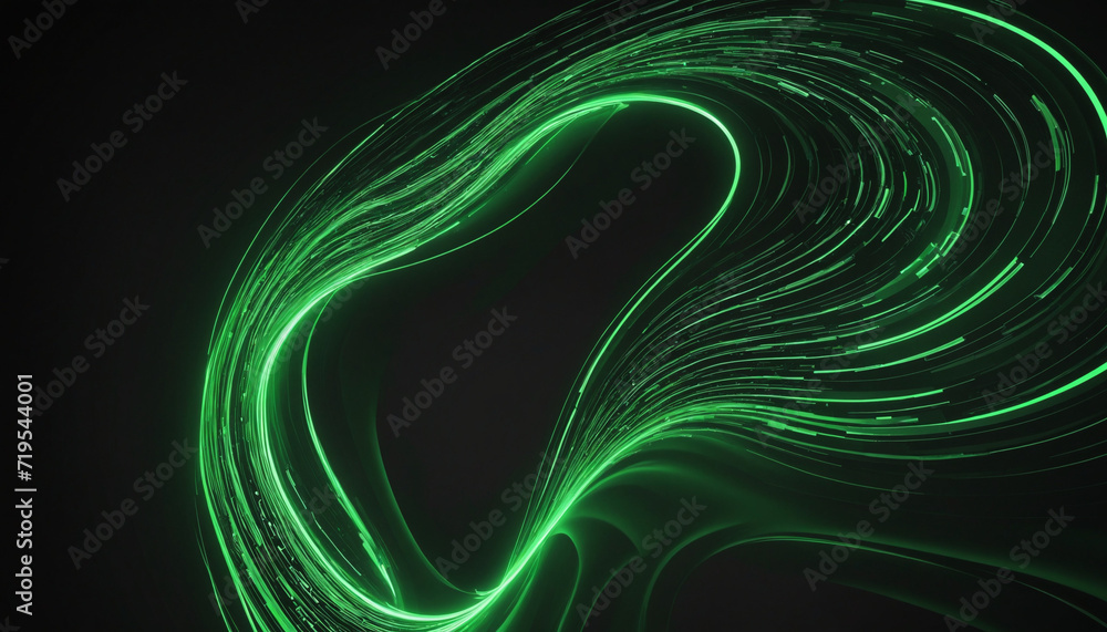 Poster green glowing lines on black background. energy flow with moving particles creating scientific waves