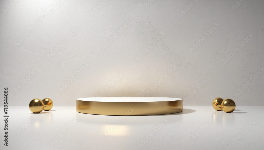 Aufkleber 3d digital rendering of a minimalist white background with cobblestones resting on golden orbs. disp