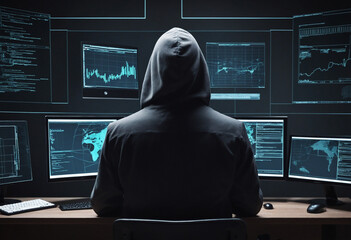 Cyber attacker infiltrating systems, committing internet crime, stealing data at work.