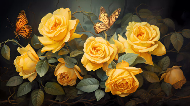 A painting of yellow roses and a butterfly