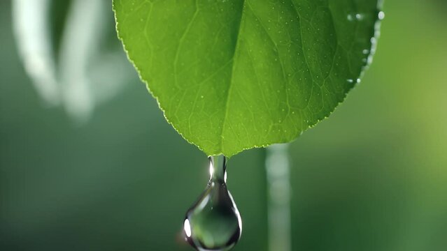 Slow motion macro shot of water droplet falling from fresh green leaf. Alternative herb skin care medicine concept. Herbal essence dropping from leaf. Organic serum drop or green tea tree oil extract